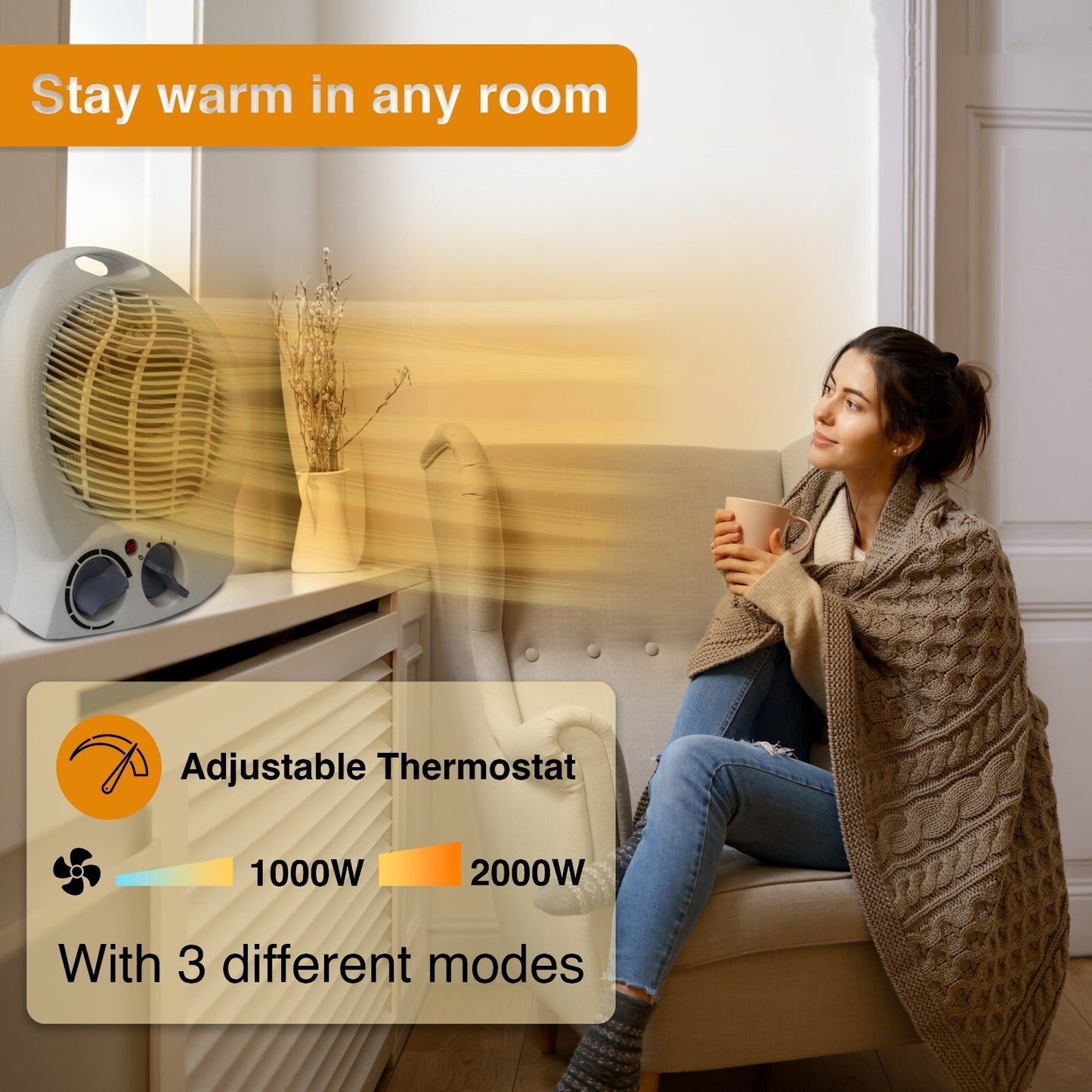 230V Fan Heater Portable Electric Hot Warm With 2 Heat Settings Overheat Protection