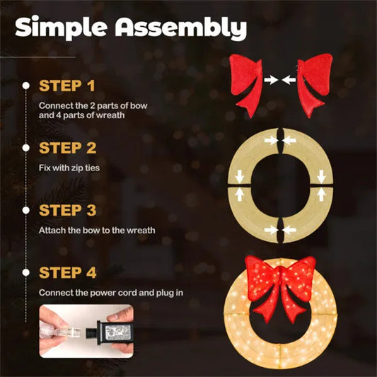 Pre-Lit Christmas Wreath - 200 LED Lights Warm White Red, Large Bow IP44 Weatherproof For Indoor Outdoor